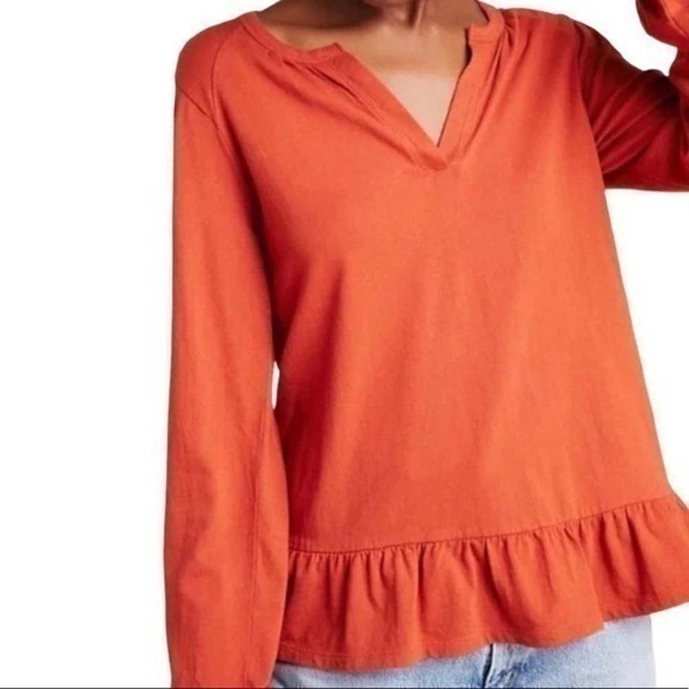Anthropologie Maeve Annetta Top Rusty Orange Ruffle Bottom Long Sleeve Size S